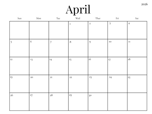 April 2026 Printable Calendar, Minimalist Monthly Planner, Sunday & Monday Start, Fillable PDF Calendar, US Letter and A4 | Instant Download - Etsy