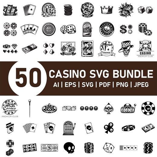 50 Casino SVG Bundle, Clipart Designs, Poker Cards, Royal Flush, Dice Slot Machine SVG PNG, Casino Party Graphics for Cricut - Etsy