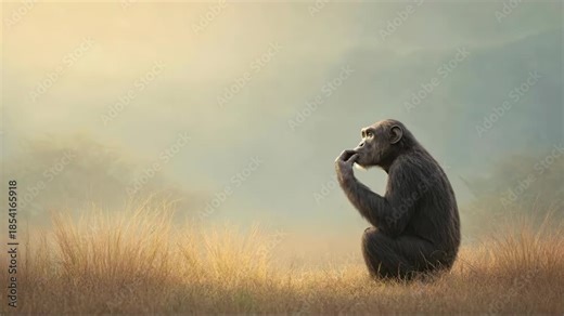 Chimpanzee using tool, thinking, and rising from ground, showing early primate behavior for anthropology