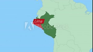 Map of Peru with pin of country capital. Peru Map with neighboring countries in green color.