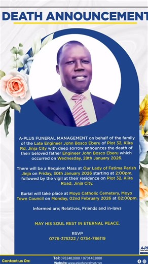 The death announcement and funeral program of the Late Engineer John Bosco Eberu. May His Soul Rest In Peace. #happeningnow | A-Plus Funeral