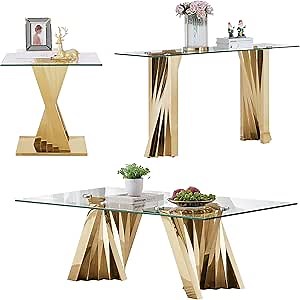 3-Piece Modern Gold Coffee Table Set - Glass, End, & Console Tables with Stainless Steel Pedestal Base