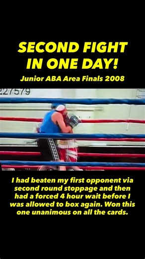 🧠 This was the second fight of the day. I think had I been more fresh, I would have stopped this lad in the first. My work to the body was consistently hurting him and the left hooks were sending him flying. I won this very wide on the cards because he also had 2 points taken for slapping. A good bout though and a nice guy afterwards. At this stage I was 13 bouts deep and in my next fight (Junior ABA semi-finals) I boxed a lad called Davey Doherty who, at that time, had 70ish bouts and had comp