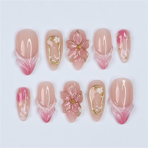 Blush Bloom Elegance Press on Nails With 3D Floral Accents, Gold Details & Pink Ombre, Suitable for Wedding, Events or Gift for Her - Etsy
