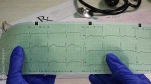 Cardiologist doctor reads patient heart chart graph reports