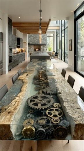 Modern Kitchen Table with Exposed Gears in Resin ✨
