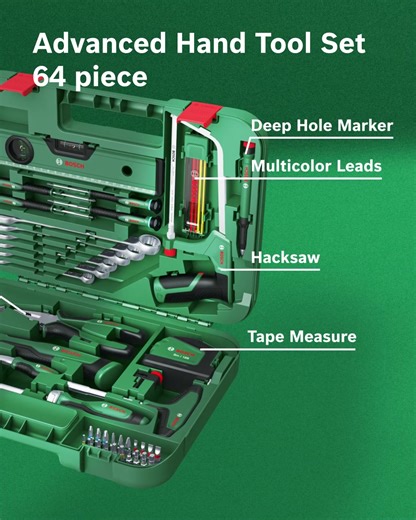 66 reactions · 7 comments | All the tools you need, in one case! The Advanced Hand Tool Set packs 64 durable tool into one robut case. From claw hammers to hacksaws, it's perfect for all your DIY projects and quick repairs. What will you use yours for first?樂 | Bosch DIY and Garden | Facebook