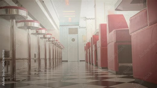 Retro Diner Booths with Red and White Design, Retro Diner Interior with noise.