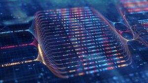 Big data technology and data science abstract background. Data scientist querying. Analysing and visualizing artificial intelligence on virtual screen. AI Data flow concept. Finance neural network ML.