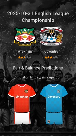 Wrexham vs. Coventry City: 2025-10-31 English League Championship | Shocking Predictions Simulator app: simcups.com Win odds: Wrexham: 22% Coventry City : 44% Draw: 34% Most common scorelines: 1-1 (13) 0-1 (12) 0-0 (11) 1-2 (8) 1-3 (7) | Forever World Cup Simulator