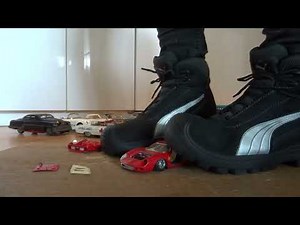 Puma Cascades work boots stomp, trample and destroy collectible model toy car