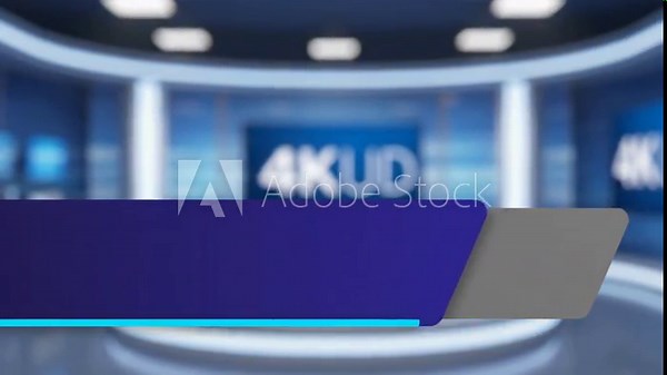 A modern virtual studio background with a sleek lower-third banner in blue and purple tones, set against a softly blurred 4K broadcast environment, ideal for news, presentations, or corporate video ov