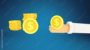 Cartoon hand holding dollar gold coin blue background. Gold coins falling down to hand. 3d rendering