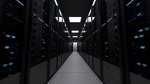 Download Powerful server room in modern data center. Cloud computing data storage 3d rendering. Walkthrough racks of network. Data servers behind glass panels in a server room. for free
