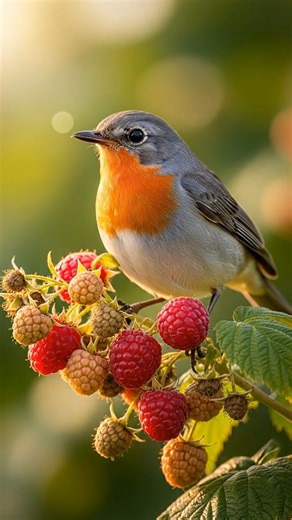 A tiny European robin with its signature bright orange breast perches gracefully on a branch bursting with ripe raspberries. #wildlife #birds #nature #natgeowild #birdsounds #natgeoindia | Amazing Things in Rural Areas
