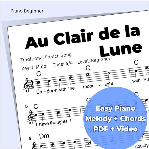 Au Clair De La Lune Easy Piano Sheet Music for Beginners, Piano Notes With Letters & Chords, Kids Piano Song PDF, Printable + Video Tutorial - Etsy