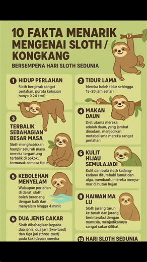 10 fakta menarik mengenai sloth / kongkang sempena Hari Sloth Sedunia 2025: 🦥 1. Hidup Perlahan – Sloth bergerak sangat perlahan, purata kelajuan hanya 0.24 km/j. Ini membantu mereka menjimatkan tenaga. 2. Tidur Lama – Mereka boleh tidur sehingga 15–20 jam sehari, menjadikan mereka antara haiwan paling “malas” di dunia. 3. Terbalik Sebahagian Besar Masa – Sloth menghabiskan hampir seluruh masa mereka tergantung terbalik di pokok, termasuk semasa tidur. 4. Makan Daun – Diet utama mereka adalah d