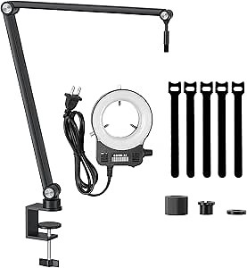 TOMLOV AM04 Microscope Flexible Boom Arm with LED Ring Light，Digital Microscope Suspension Stand with 3/8" to 5/8" Screw Adapter for DM9 DM201 DM202 DM402 DM601 Pro DM602 Flex 4K Soldering Microscope