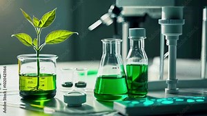 Green liquid in beakers and flasks on a laboratory table with a plant in the center.