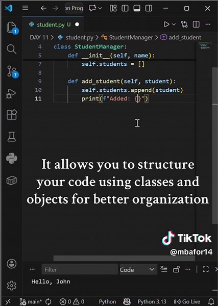 Day 11 | Object Oriented Programming | Today i built a basic student management system in Python. #python#100DaysOfCode #CodingHacks #PythonProgramming