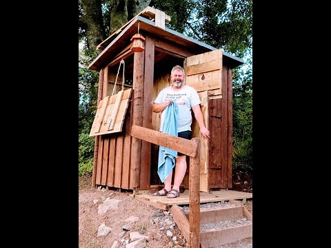Off grid composting toilet and solar powered shower. How it works and look inside.