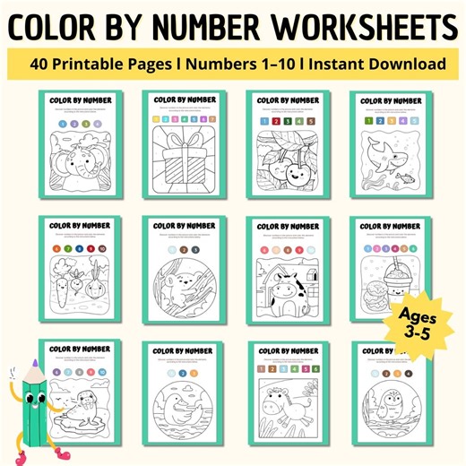 Printable Color by Number Worksheets 1–10 for Preschool Kids Ages 3–5 | 40 Pages - Etsy