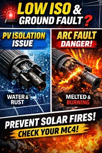 Why Your Solar Inverter Shows "Low ISO" & "Ground Fault" Alarms🚨 PV Isolation,Arc Faults Explained Seeing "Low ISO" (Low Insulation Resistance) or "Ground Fault" alarms on your solar inverter? Most people think the inverter is faulty, but the real cause is often poorly connected MC4 connectors affecting PV Isolation. In this video, you’ll learn: ✅ How loose screw caps let water in, affecting PV isolation and triggering "Low ISO" or "Ground Fault" alarms. ✅ Why missing the click during MC4 conne