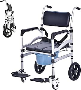 Folding Bedside Commode with Wheels, Aluminum Alloy 4 in 1 Shower Chair with Wheels, Rolling Shower Commode Chairs with Soft Backrest, Bedside Commodes for Senior & Handicap (Black)