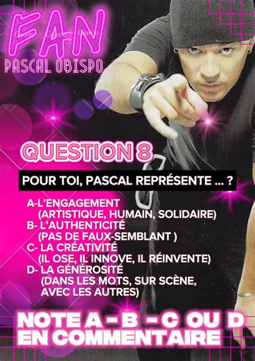 Être fan, c’est pas juste aimer des chansons… C’est aussi ce que l’artiste représente pour toi. Alors, en dehors de la musique, qu’est-ce que Pascal incarne le plus à tes yeux ? A – L’engagement B – L’authenticité C – La créativité D – La générosité Note ta réponse A, B, C ou D en commentaire ! Parce qu’on n’admire pas que la voix. On admire ce qu’elle défend. #pascalobispo #fan | Billet de Fans