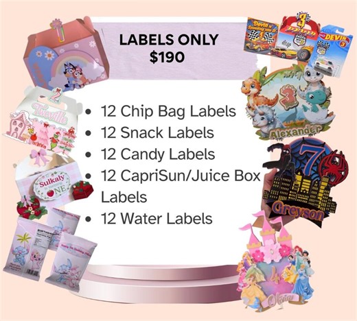 Custom Party Favor Labels | Personalized Birthday Chip, Snack, Candy, Juice Box, Water Bottle Labels - Etsy