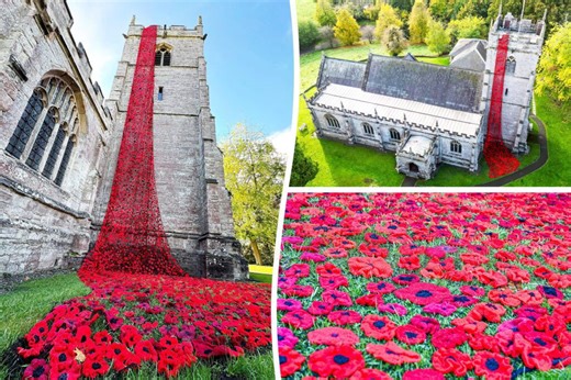 Thousands of crocheted poppies cascade from church ahead of Remembrance Day