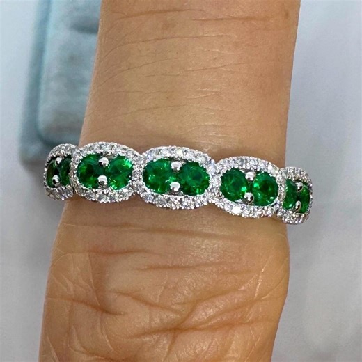 Emerald Diamond Band, Genuine Green Emerald and Diamond Ring, Emerald Band Wedding Band, Stackable Ring, Emerald Anniversary Band - Etsy