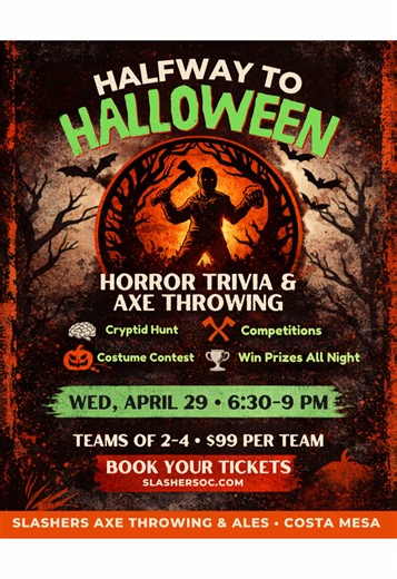 Halloween! Holiday so nice we had to celebrate it twice!! Wednesday April 29th!!! @Eulogycollective @CreepItRealOC @SlasherWorldLA #horrortok #axethrowing #halfwaytohalloween #axe #slashers #fypシ #horror