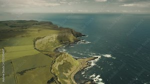 Irish farmlands aerial: ocean cliff shore landscape. Wonderful green rural lands with grassy meadows and trees. Wide greenness countryside of Northern Ireland. Cinematic shot in 4K, UHD