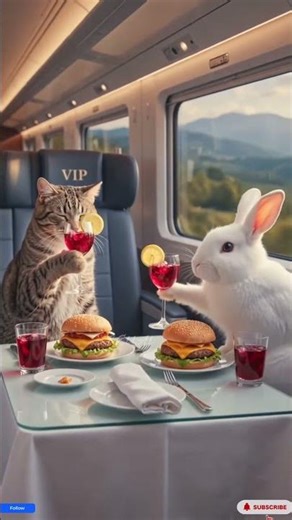 AI Generated Cat and Rabbit in Train | Eating Burger & Juice | Unreal AI Scene #shorts #fypシ