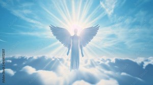 An angel standing on the clouds, with rays of light shining through, symbolizing divine presence and protection in heaven.