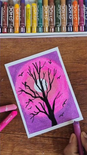 Easy Moonlight Tree Drawing with Oil Pastels 🌙✨ #moonlight #tree #oilpastel #shorts #ytshorts