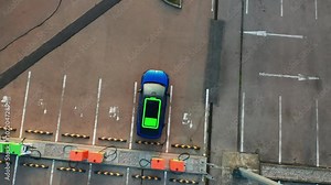 Green flashing icon of cell on roof of electric car indicates process of charging. Blue vehicle connected to public charging point at parking lot Stock Video