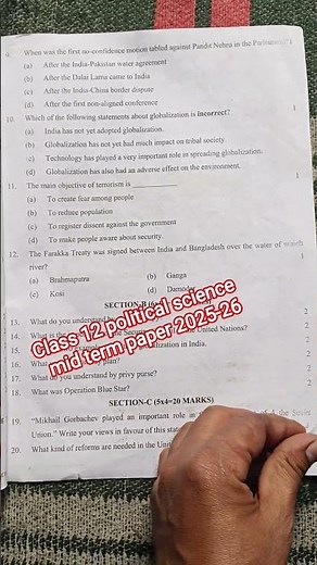 Class 12 political science pre board question paper 2025/pol science pre board paper 2025-26 class12