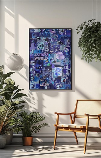 Astro’s World Poster | Roblox Inspired Wall Art | Cute Blue Aesthetic Poster | Gaming Room Decor | Cartoon Collage Print | Dandy's World Art