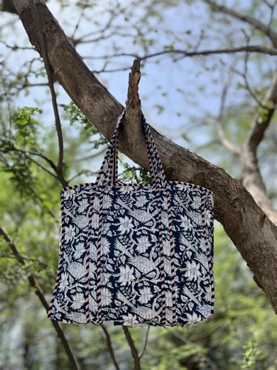 Blue Floral Bird Block Print Quilted Cotton Tote Bag, Boho Shoulder Bag - Etsy