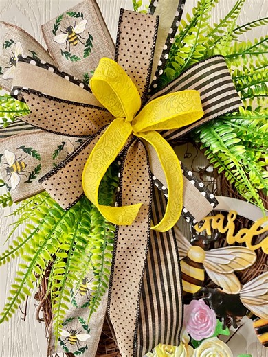 Bee Wreath for Front Door – Garden Themed Wreath With Ferns and Ribbon, Bumblebee Spring Wreath, Handmade Rustic Bee Decor - Etsy