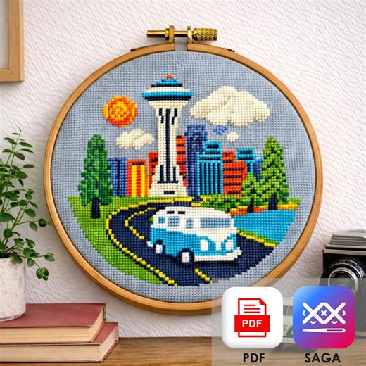 Seattle Skyline Cross Stitch Pattern, Space Needle Cityscape Embroidery PDF, Camper Van Travel Design Bus PDF & SAGA Instant Download - Etsy Australia