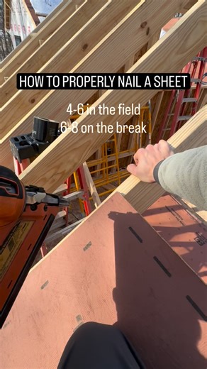 Austin Collins on Instagram: "When sheathing a roof you want to place your nails so that the seems have 6-8 nails and in the field you want 4-6 nails into each rafter, truss, floor joist, or stud. This goes for every type of sheathing, not just roof. Also, PULL LAYOUT. So many people I hear say “just follow lines” these lines were painted in a factory, that doesn’t really pay much attention to if the lines are off. Give a Like👍🏼, Follow✅, or Share📲 to show support🔨💯 #carpentry #construction