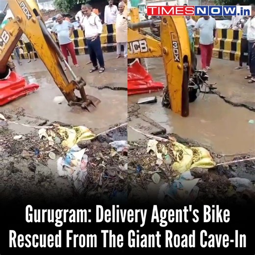 In the wake of heavy rains, Gurugram has been grappling with severe waterlogging and traffic congestion, exacerbating road conditions across the city. The downpour has not only disrupted daily life but has also resulted in the collapse of a section of Basai Road, trapping a delivery agent in the sinkhole. A video has gone viral on social media which shows muddy rainwater filling the depression as a JCB machine attempts to recover the delivery agent’s bike. #ViralVideo #Gurugram #ViralNews #Trend