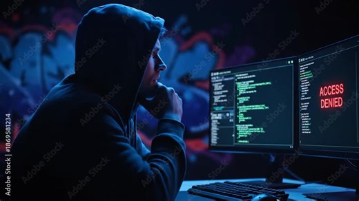 Hacker in a hoodie types code on a computer screen in a dark room with graffiti.