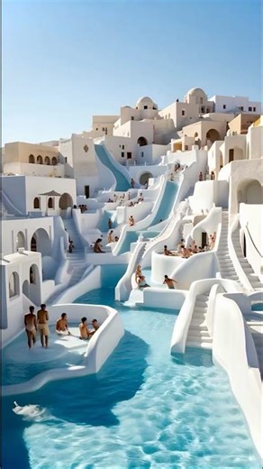 "Timeless Aquatic Serenity | A Journey through Ancient Santorini's Water Pools and Rides"