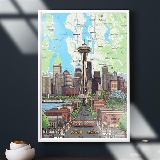 Seattle Cityscape Travel Poster With Space Needle (digital Download) - Etsy