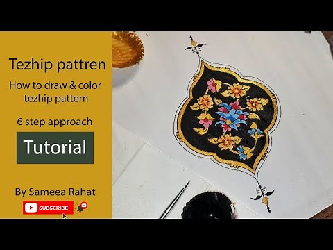 Tezhip tutorial - How to draw Turkish traditional patterns & colouring flowers using gold & acrylic.