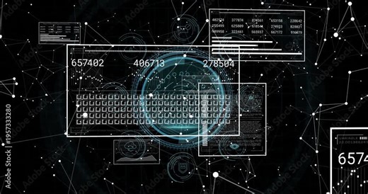 Biometric scanner activating, keyboard HUD shifting while counters updating for data security